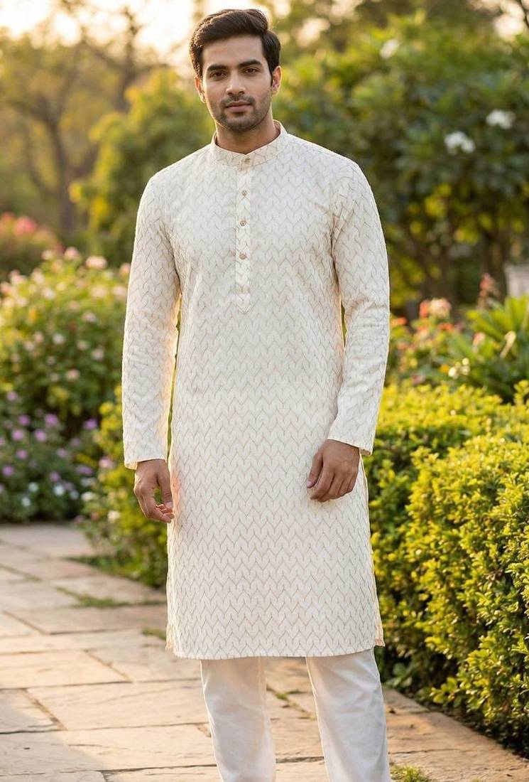 Men   s heavy silk white kurta with all-over work & cotton pyjama