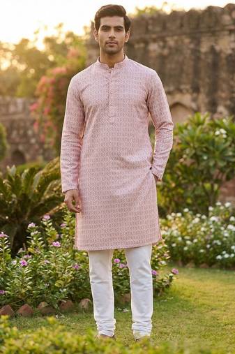 Men   s heavy silk rose pink kurta with all-over work & cotton pyjama