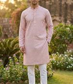 Men   s heavy silk rose pink kurta with all-over work & cotton pyjama