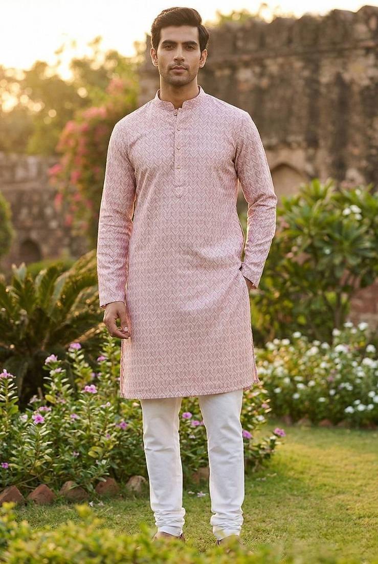 Men   s heavy silk rose pink kurta with all-over work & cotton pyjama