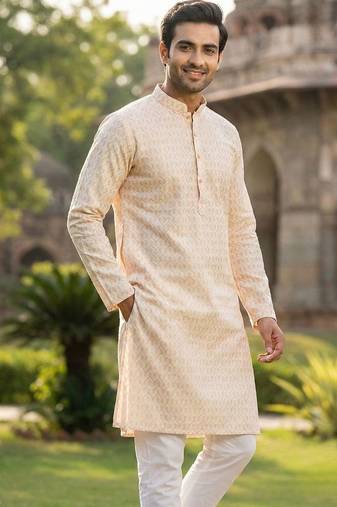 Men   s heavy silk chiku kurta with all-over work & cotton pyjama