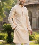 Men   s heavy silk chiku kurta with all-over work & cotton pyjama