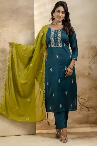 teal silk blend embroidered kurta pant set