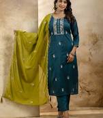 teal silk blend embroidered kurta pant set