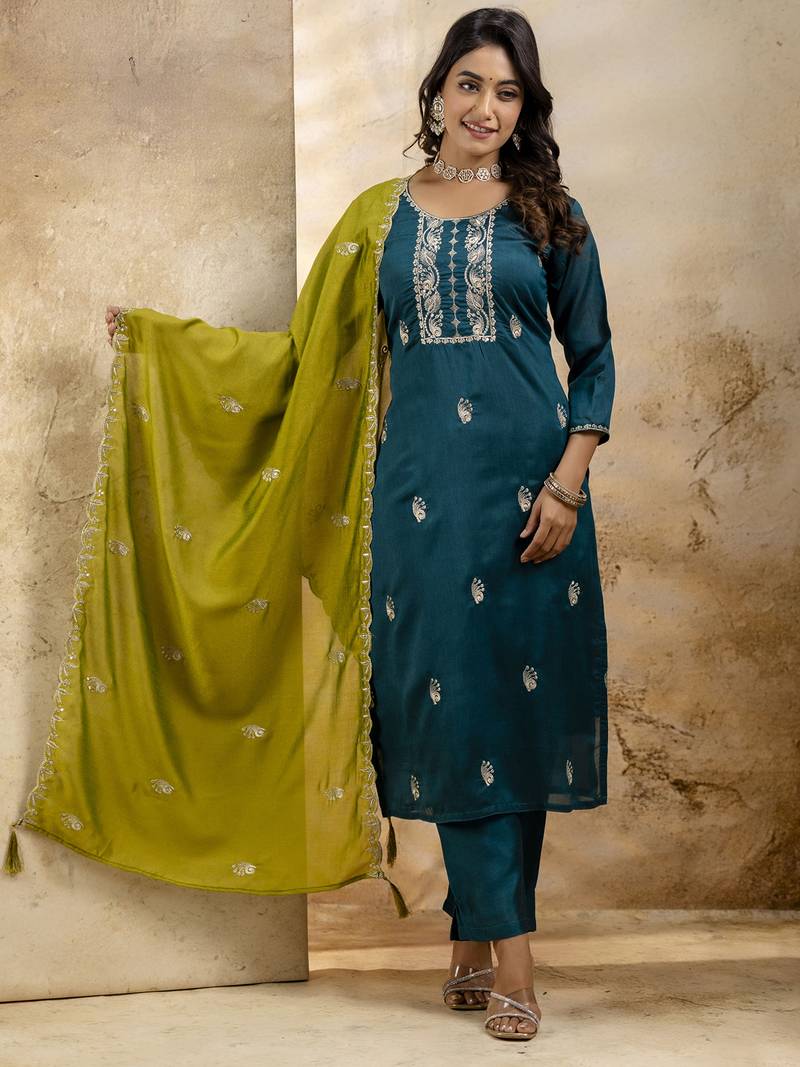 teal silk blend embroidered kurta pant set
