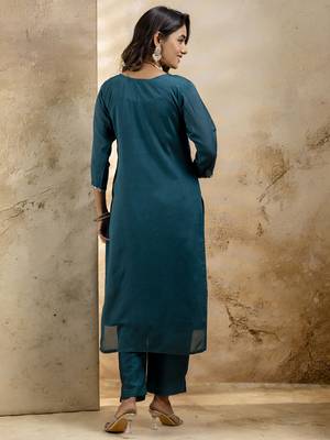 teal silk blend embroidered kurta pant set 2