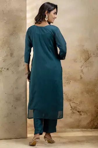 teal silk blend embroidered kurta pant set