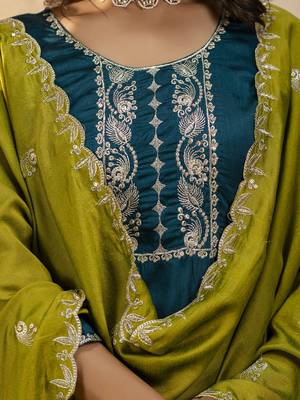 teal silk blend embroidered kurta pant set 3