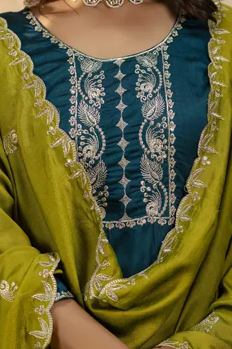 teal silk blend embroidered kurta pant set