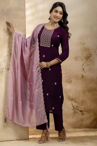 purple silk blend embroidered kurta pant set