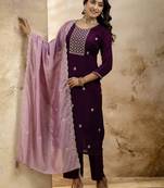 purple silk blend embroidered kurta pant set