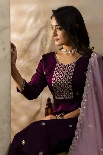 purple silk blend embroidered kurta pant set