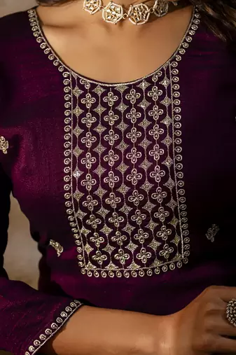 purple silk blend embroidered kurta pant set