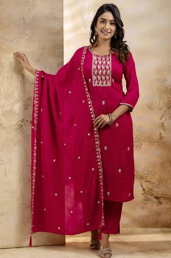 pink embroidered silk blend kurta pant set
