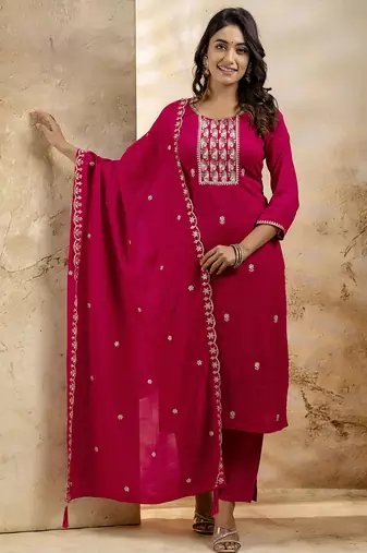pink embroidered silk blend kurta pant set
