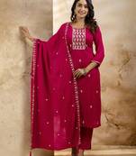 pink embroidered silk blend kurta pant set