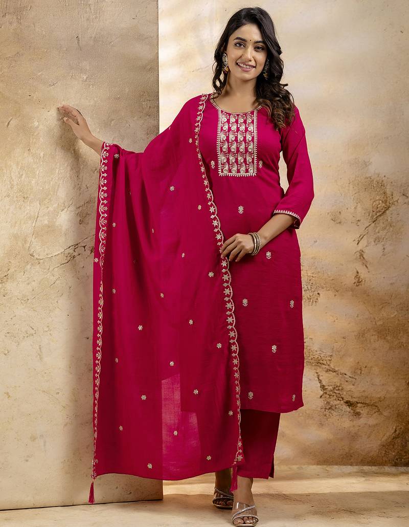pink embroidered silk blend kurta pant set