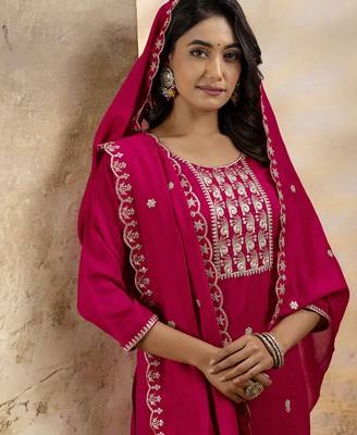 pink embroidered silk blend kurta pant set 3