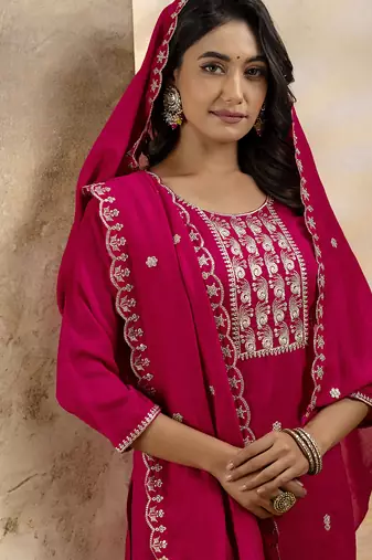 pink embroidered silk blend kurta pant set