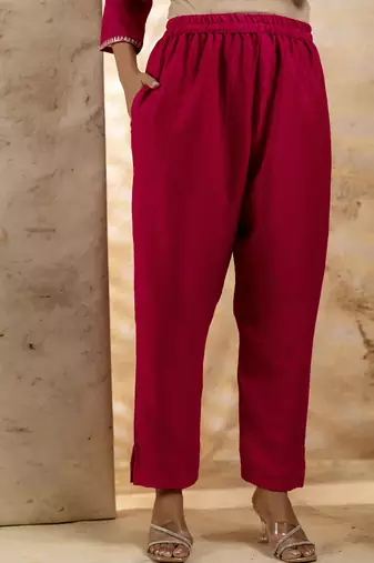 pink embroidered silk blend kurta pant set
