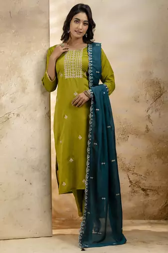 olive silk blend embroidered kurta pant set