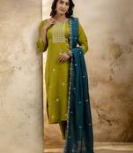 olive silk blend embroidered kurta pant set