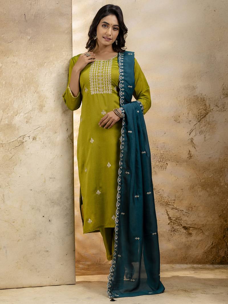 olive silk blend embroidered kurta pant set