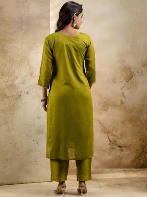olive silk blend embroidered kurta pant set 2
