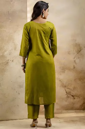 olive silk blend embroidered kurta pant set