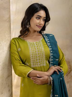olive silk blend embroidered kurta pant set 3