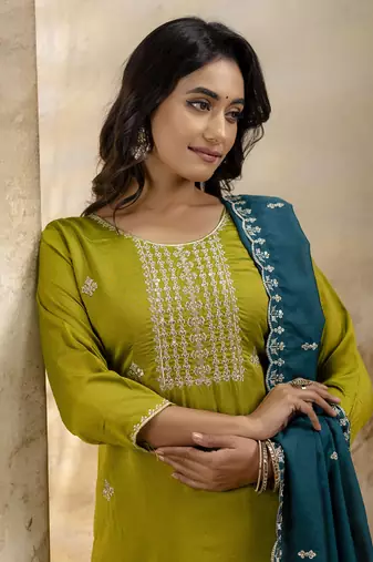 olive silk blend embroidered kurta pant set