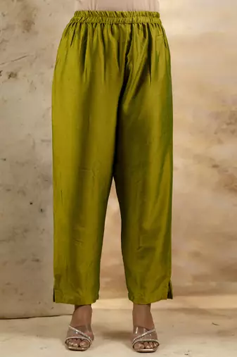 olive silk blend embroidered kurta pant set