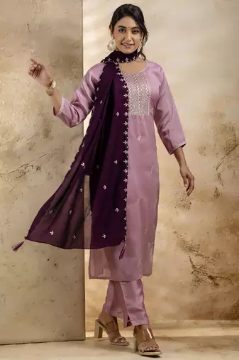 lavender silk blend embroidered kurta pant set