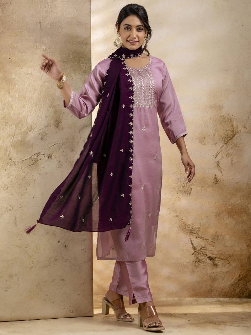 lavender silk blend embroidered kurta pant set
