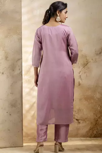 lavender silk blend embroidered kurta pant set