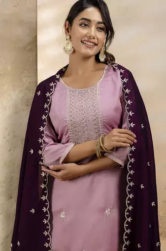 lavender silk blend embroidered kurta pant set