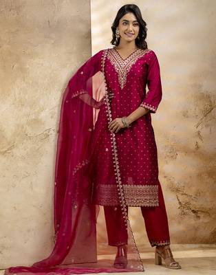 pink silk blend embroidered kurta pant set 1