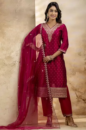 pink silk blend embroidered kurta pant set