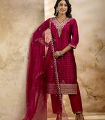 pink silk blend embroidered kurta pant set