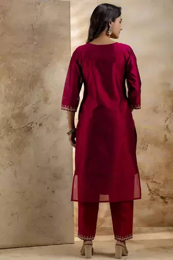 pink silk blend embroidered kurta pant set