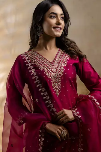 pink silk blend embroidered kurta pant set