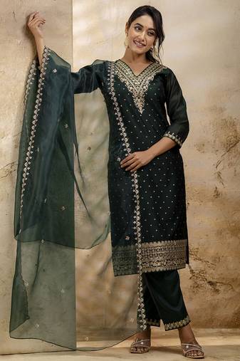 green embroidered kurta pant set with dupatta