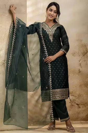 green embroidered kurta pant set with dupatta