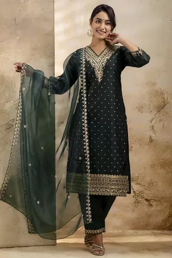 green embroidered kurta pant set with dupatta