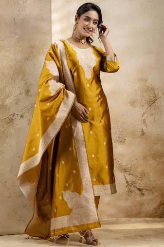 yellow embroidered kurta pant set with dupatta