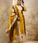 yellow embroidered kurta pant set with dupatta