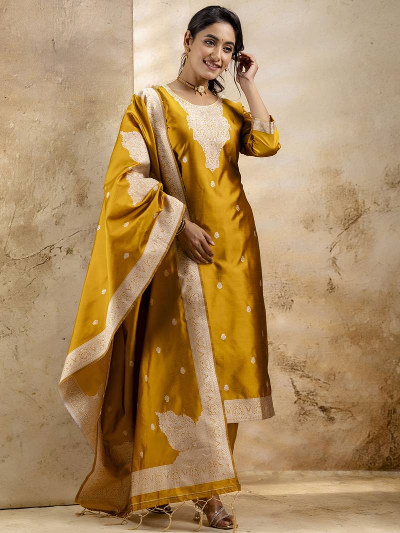 yellow embroidered kurta pant set with dupatta