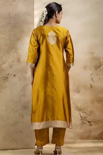 yellow embroidered kurta pant set with dupatta
