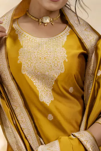 yellow embroidered kurta pant set with dupatta