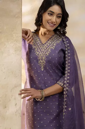 lavender silk blend embroidered kurta pant set